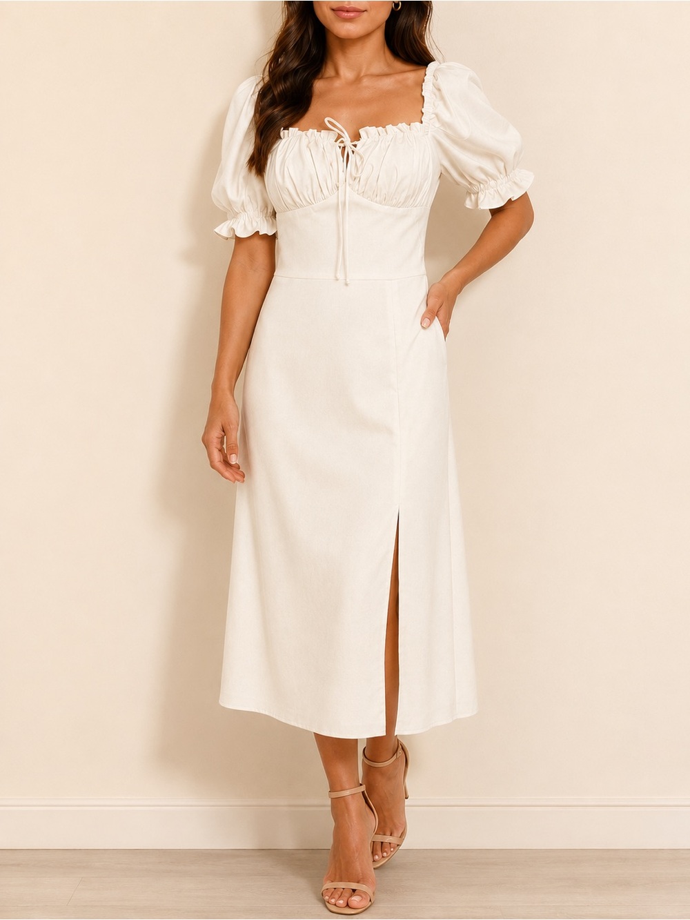 White LICHI Puff-Sleeve Midi Dress S Side Slit Drawstring Neck Milkmaid Bridal